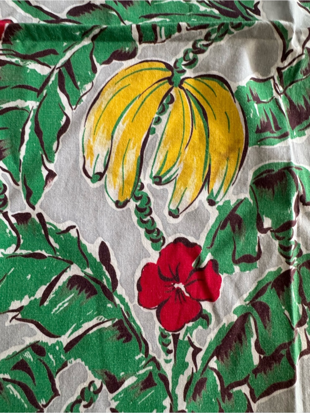 Vintage 1950’s Tropical Banana Hibiscus Tablecloth 34“ Square Crochet Edge MCM